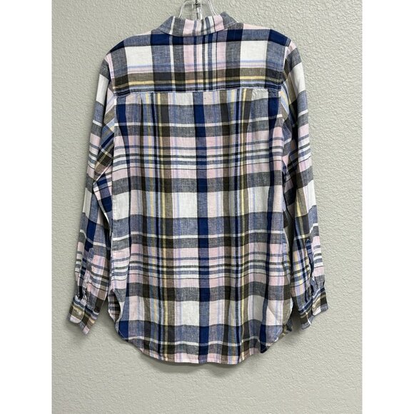 LL Bean Womens 100% Linen Plaid Button Up Collared Shirt Size Small Blue Blouse - Picture 9 of 9